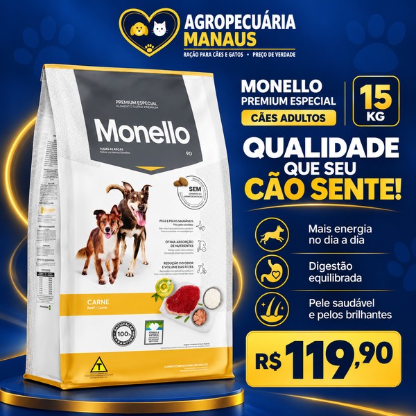Ração Monello Premium Especial Cães Adultos Carne 15 kg